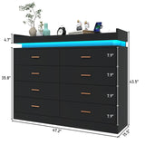 Hlivelood 8 Drawer Dresser with LED Light and Charging Station, Modern Chest of Drawers for Closet, Wide Drawer Organizer Cabinet for Bedroom, Living Room, Entryway, Hallway(Black) Hlivelood