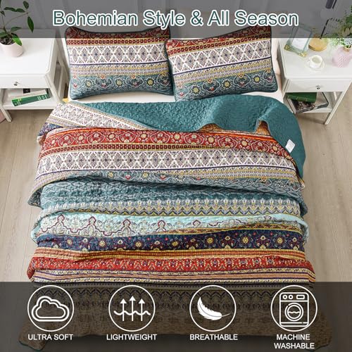 WONGS BEDDING Boho Full Quilt Set,3 Pieces Green Brown Bohemian Full Size Bedding Set Lightweight Microfiber Bed Decor Bedspread for All Season 78"x90" WONGS BEDDING