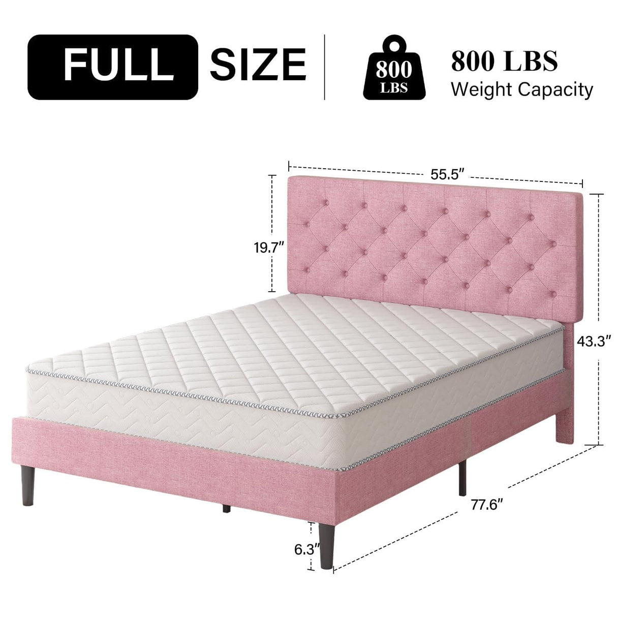 HOMBCK Full Bed Frame with Headboard, Linen Fabric Upholstered Bed Frame Full, Pink Bed Frame with Wood Slats, Button Tufted, No Box Spring Needed, Pink HOMBCK