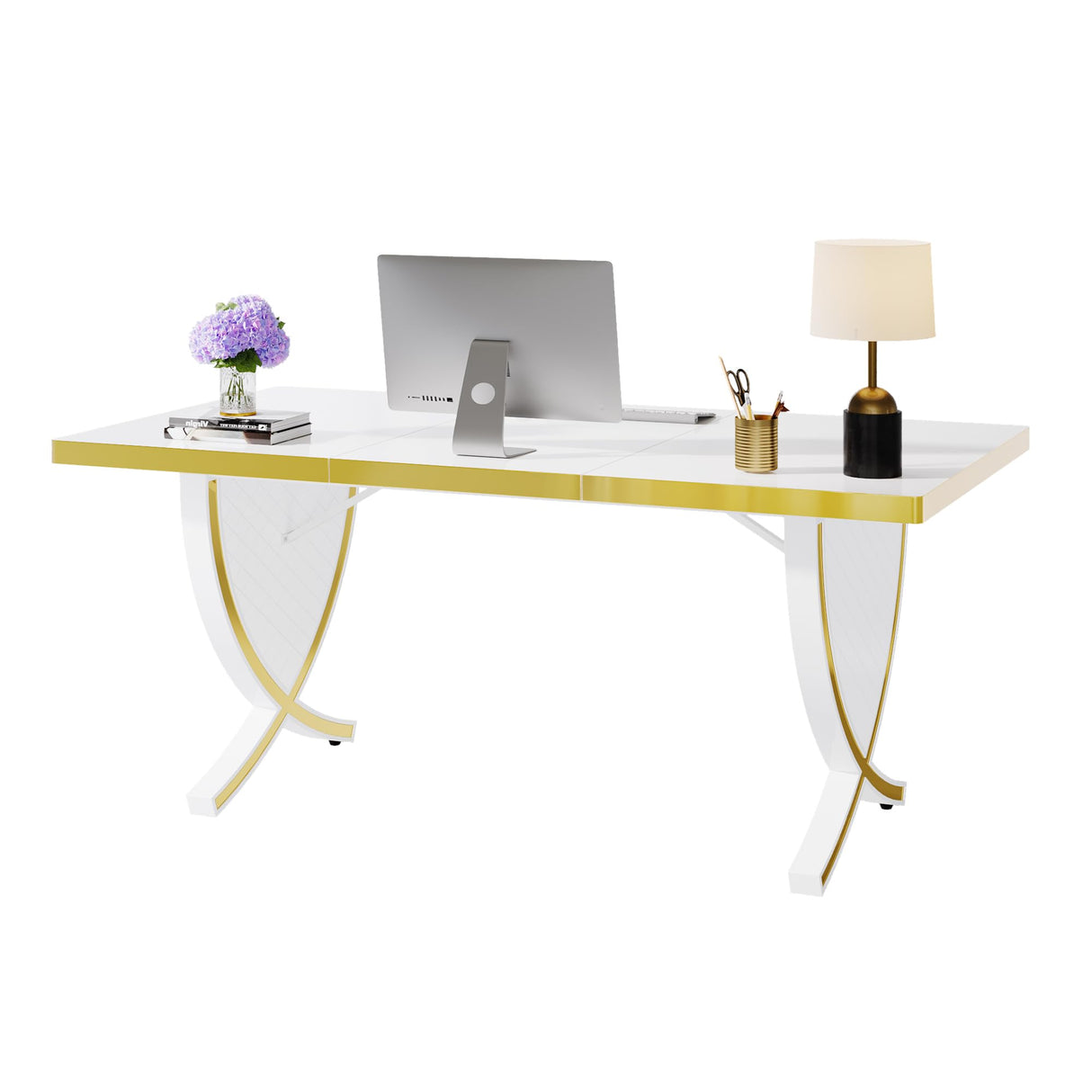 Tribesigns Luxury Modern Office Desk, White and Gold Large 63" Workstation, Elegant Executive Desk with High-Gloss Finish, Sturdy Metal Legs, Perfect for Home Office or Study Tribesigns