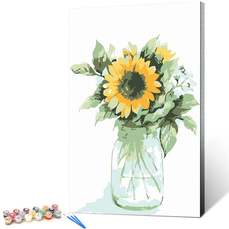 Ginkko Paint by Numbers Kit for Adults Beginner & Kids Ages 8-12 with Wooden Frame Easy Acrylic on Canvas 9x12 inch with Paints and Brushes, Vase Sunflower(Include Framed) Ginkko