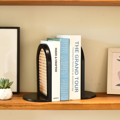 Rattan-Arch Inspired Bookends - 9" Sturdy Black Metal Book Stoppers with Non-Skid Base, Distinctive and Contemporary Large Book Holders for Organizing and Decorating Bookshelves