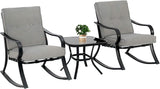 Oakmont Outdoor Furniture 3 Piece Conversation Bistro Set Rocking Chairs and Glass Top Table, Thick Cushions, Black Steel (Grey) Oakcloud