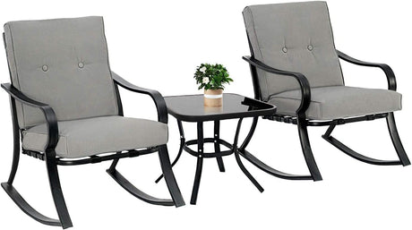Oakmont Outdoor Furniture 3 Piece Conversation Bistro Set Rocking Chairs and Glass Top Table, Thick Cushions, Black Steel (Grey) Oakcloud