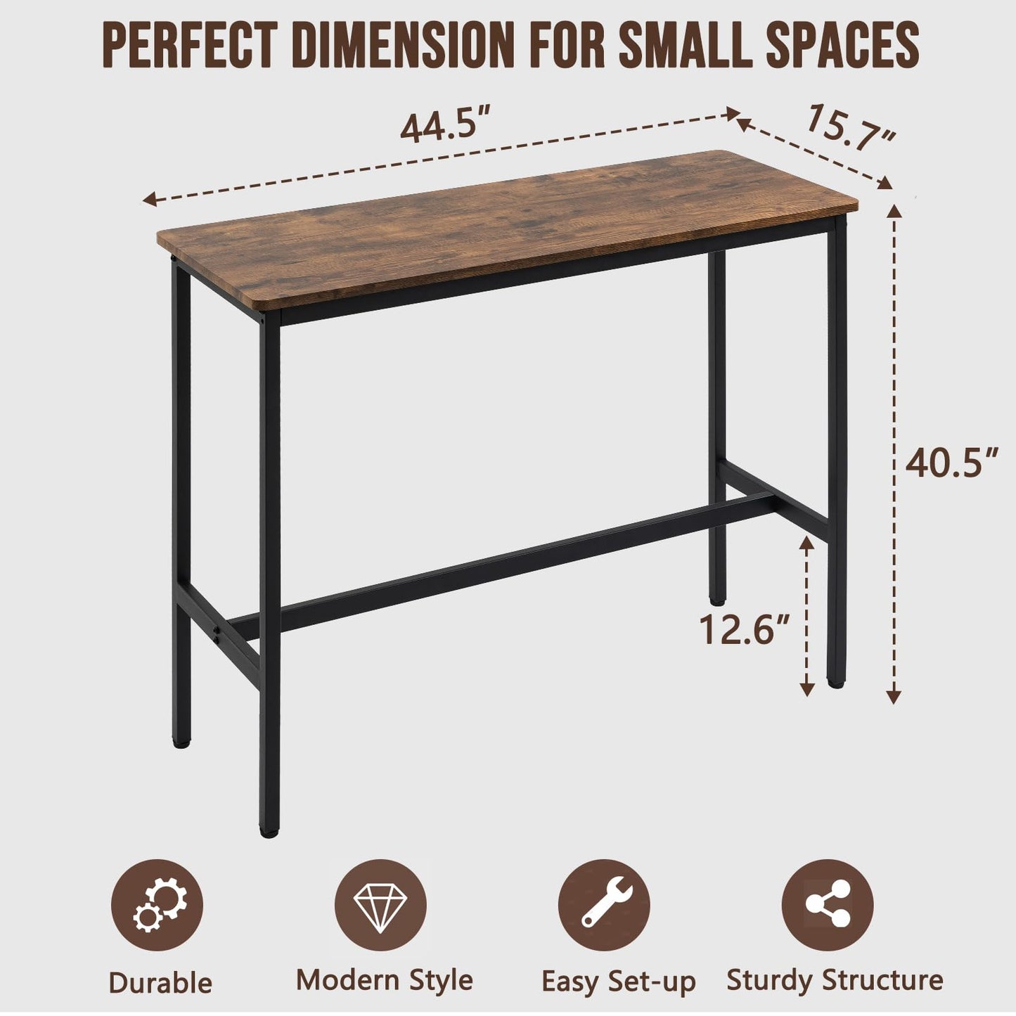 Rongbuk 44.5" Rustic Brown Bar Table with Adjustable Feet and Metal Legs - WoodArtSupply