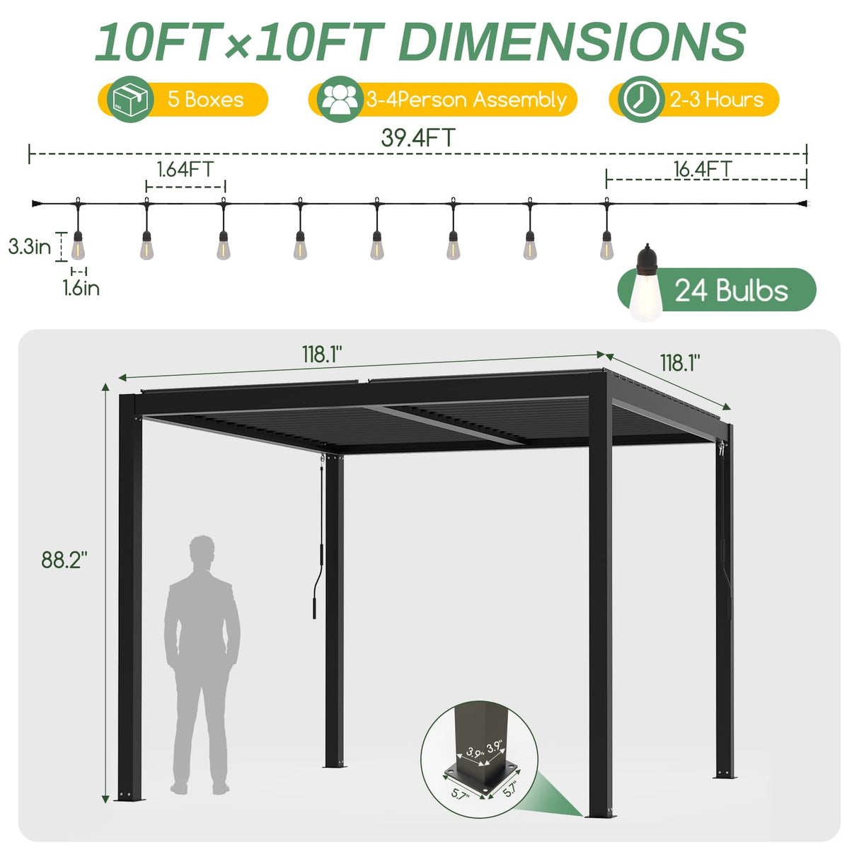 LVUYOYO Outdoor Louvered Pergola 10' x 10' with LED String Lights, Aluminum Pergola with Adjustable Roof, Waterproof Metal Gazebo for Patio, Backyard, Garden, Deck (10x10FT with Lights) LVUYOYO