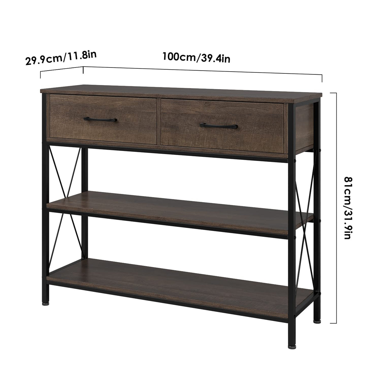 HITHOS Industrial Console Table with Drawers, Vintage Hallway Foyer Table with Storage Shelves, Narrow Long Sofa Entryway Table for Living Room, Dark Brown HITHOS