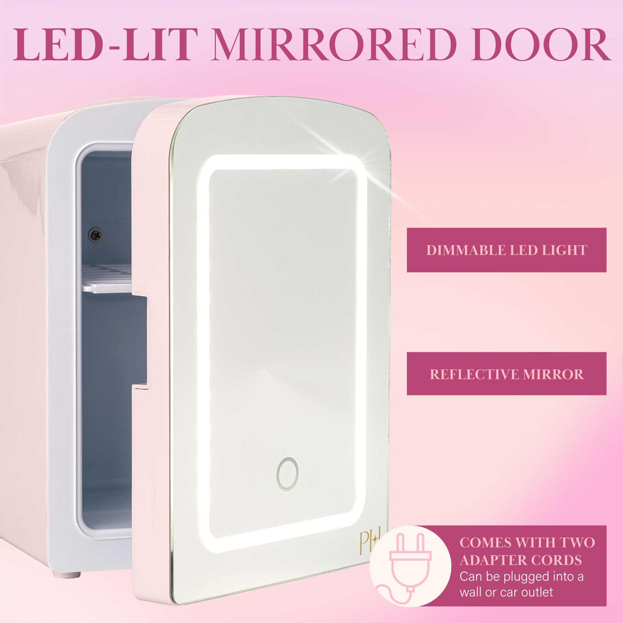 Paris Hilton Mini Refrigerator and Personal Beauty Fridge, Mirrored Door with Dimmable LED Light, Thermoelectric Cooling and Warming Function for All Cosmetics and Skincare Needs, 4-Liter, Pink Paris Hilton
