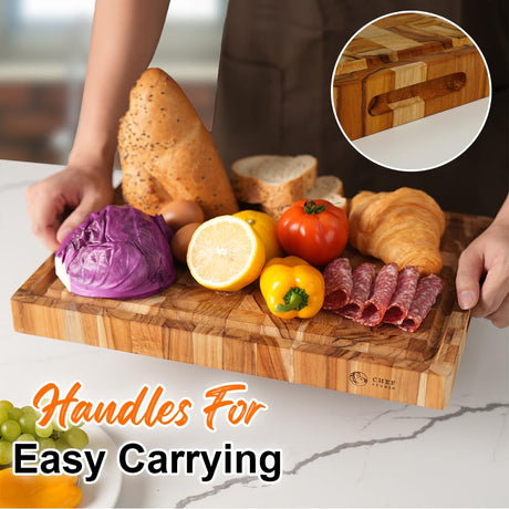 Chef Studio Large Teak Wood Cutting Board, End Grain Butcher Block Cutting Board For Kitchen, Big Wooden Kitchen Carving Chopping Boards, Juice Groove, Reversible, Hand Grips, Size 15.8x11x1.37 inch Chef Studio