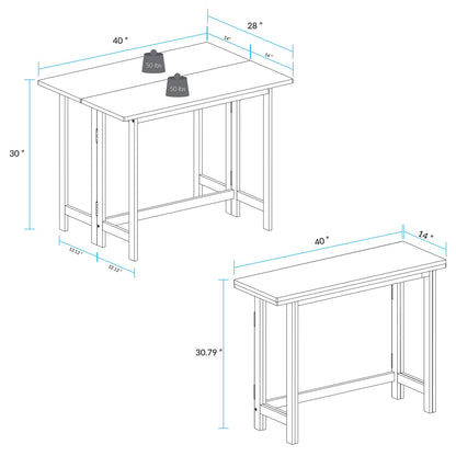 Casual Home Solid Wood Folding Convertible Dining Console Table, 40" W x 28" D x 30" H, Warm Brown