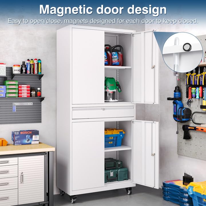 AFAIF White Metal Storage Cabinet with Wheels, 73" Tall Garage Rolling Storage Cabinet with Doors and Shelves, Lockable Tool Cabinet Steel Locking Cabinets for Home Office, Garage, Pantry AFAIF