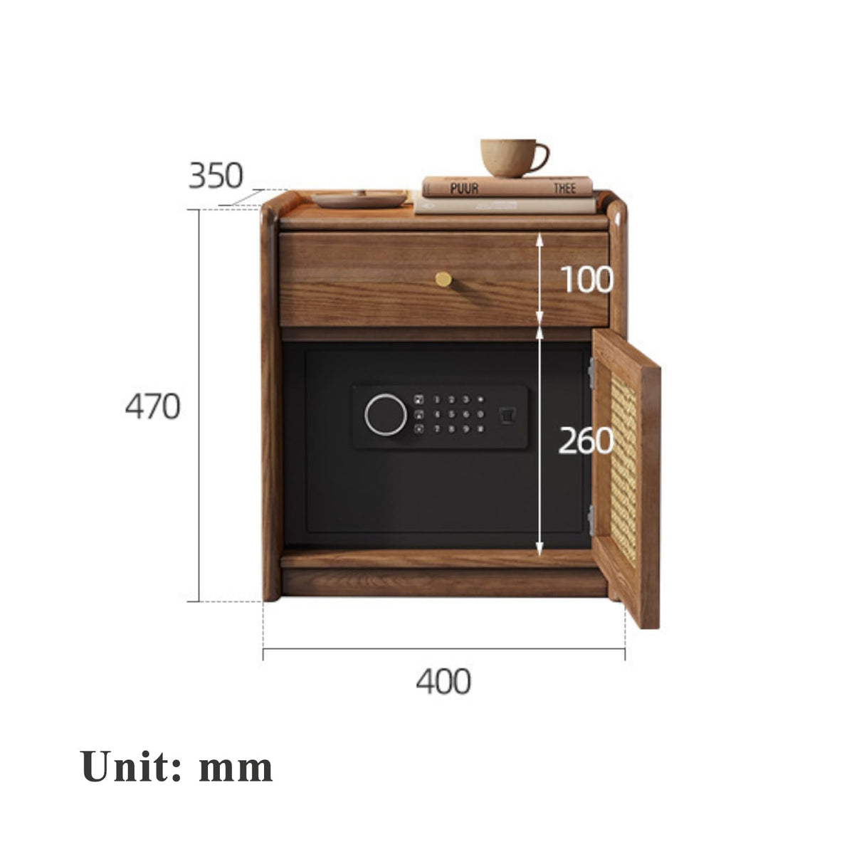 ETACHI Stylish Nightstand Side Table with Hidden Safe, Ash Wood Bedside Table with Gun Safe for Pistol, Protect Your Pistal and Valuables (Brown) ETACHI