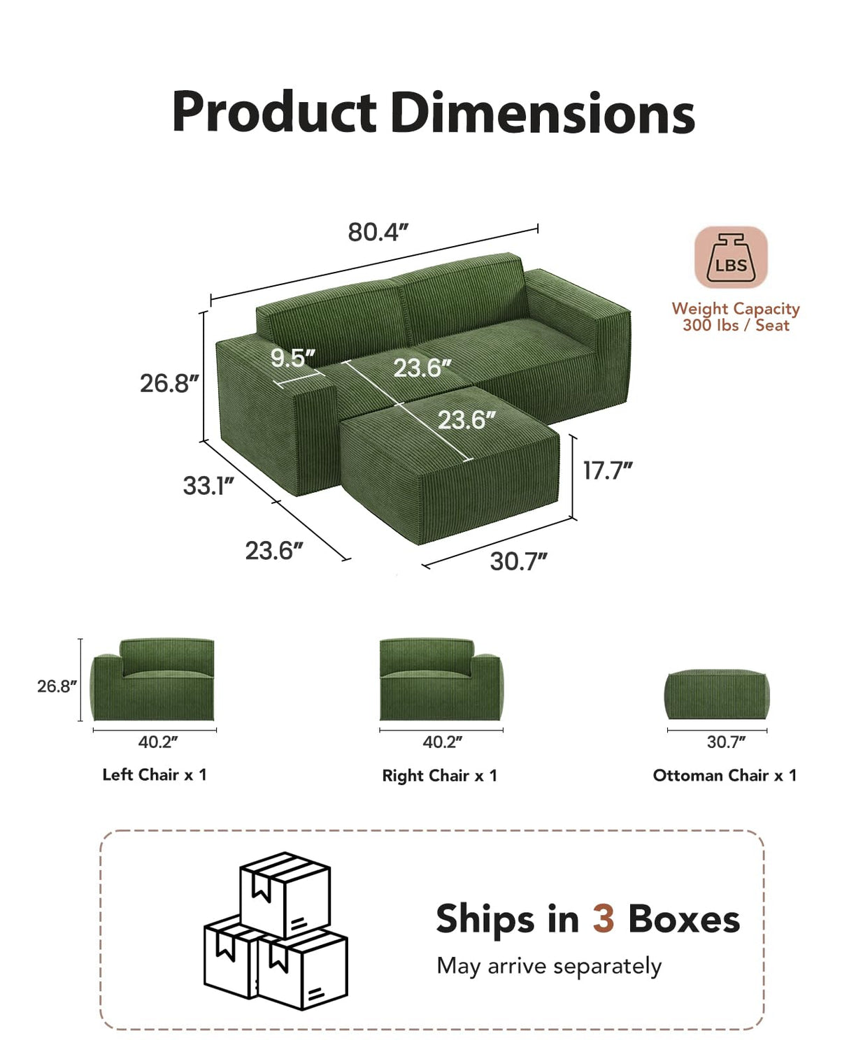 Amada 80" L Shaped Sofa Modular, Corduroy Clopud Couches with Deep Seats &High-Back, Upholstered Couches for Living Room Bedroom with Ottoman, No Assembly Required(2-Seater&1 Ottoman,Green) AMADA HOMEFURNISHING