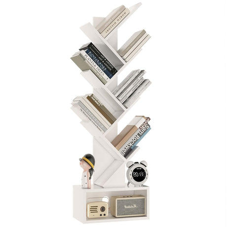 YMYNY 6 Tier Tree Bookshelf, Tall Bookcase, Wood Book Storage Rack with Drawer, Modern Floor Standing Book Shelf for Books/Movies/CDs, Utility Organizer for Living Room, Home Office, White UHBC016W YMYNY