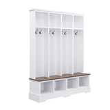 Merax 59" W Hall Tree,Farmhouse Entryway Storage and Wood Coat Rack, Entryway Furniture with 8 Hooks, Hall Tree with Bench and Shoe Storage, Rustic White Merax