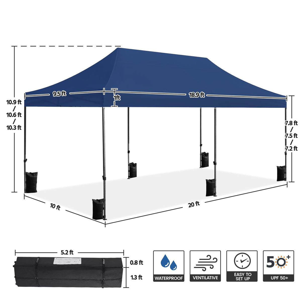 Yaheetech Heavy Duty Pop Up Canopy Tent, 10x20 Commercial Instant Shelter Tent for Wedding, Parties, Adjustable Outdoor Canopy with Wheeled Carry Bag, 6 Sandbags & 10 Stakes, Navy Blue Yaheetech