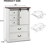 IFGET Farmhouse 5 Drawers Dresser for Bedroom, 47" Tall Chest of Drawers w/Sliding Barn Door, Rustic Wood Dressers Organizer w/Adjustable Shelves for Bedroom, Living Room, Kitchen-Antique White IFGET