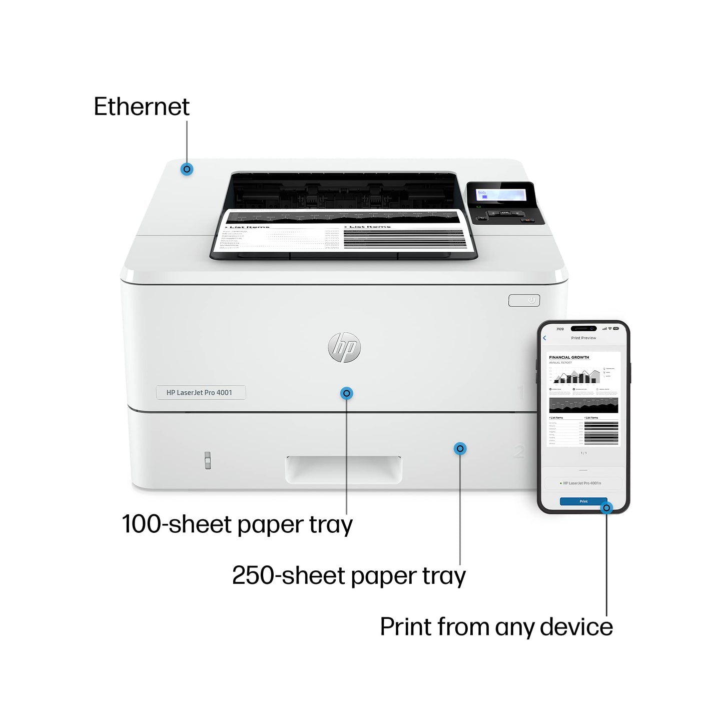 HP LaserJet Pro 4001n Black & White Printer, Print, Fast speeds, Easy setup, Mobile printing, Advanced security, USB, Ethernet Connection, Best-For-Office