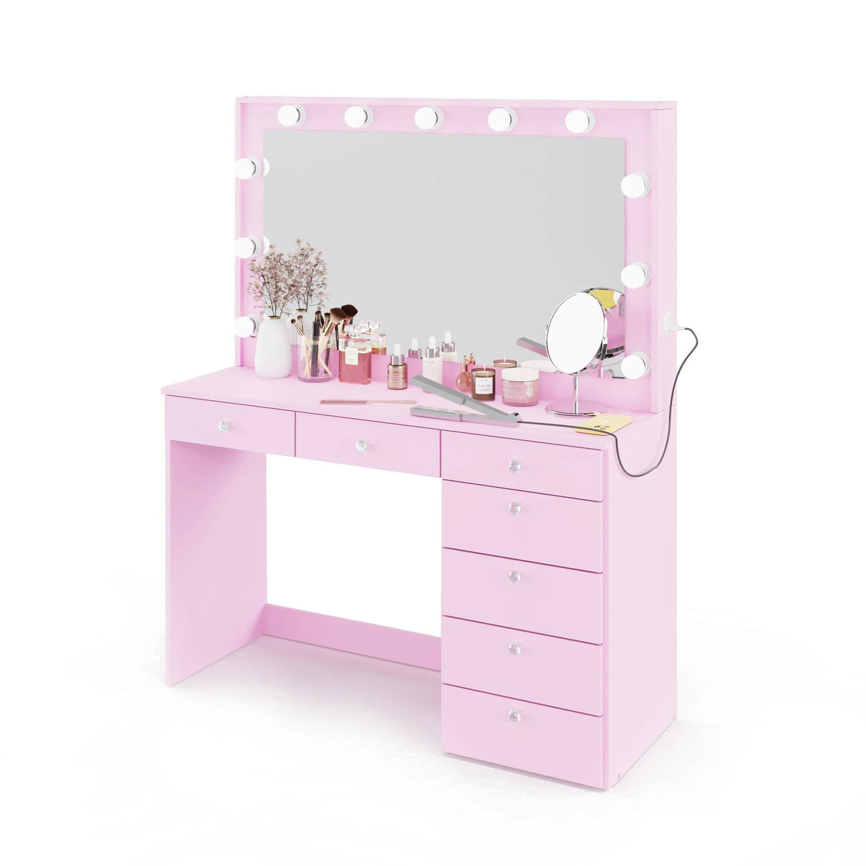 Boahaus Diana Large Makeup Vanity Desk w/Mirror, Hollywood Lights, 7 Drawers, USB Type-C & Type-A, Power Outlet, Hair Dryer Holder, Crystal Knobs, Modern Premium Vanity Desk for Teens, Adults - Pink Boahaus