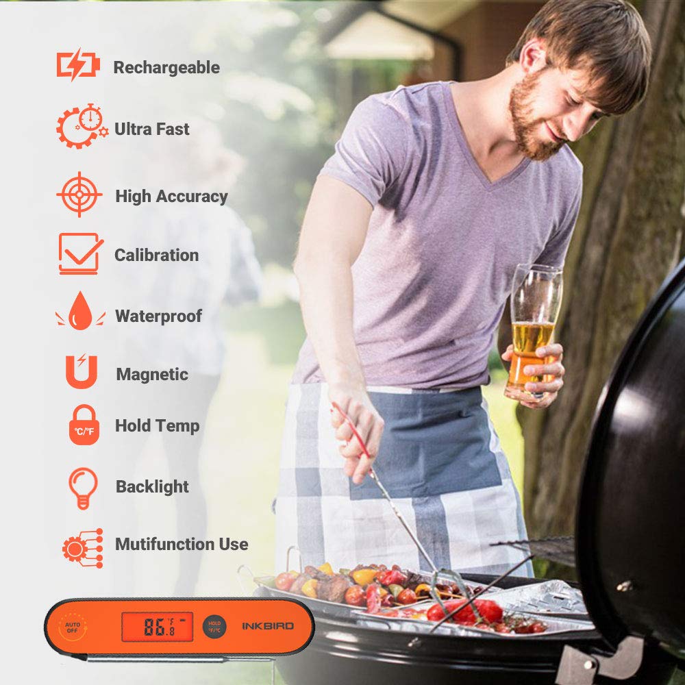 Inkbird Instant Read Meat Thermometer IHT-1P, Digital Waterproof Rechargeable Food Thermometer with Calibration, Magnet, Backlight for Cooking, Grill, Smoker, Kitchen, Turkey Inkbird
