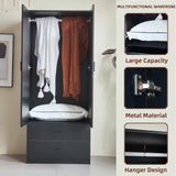 Yapai Modern 2 Door Wardrobe with 2 Drawers – Freestanding Bedroom Closet Organizer, Space-Saving Armoire Storage Cabinet, Black Finish yapaihome