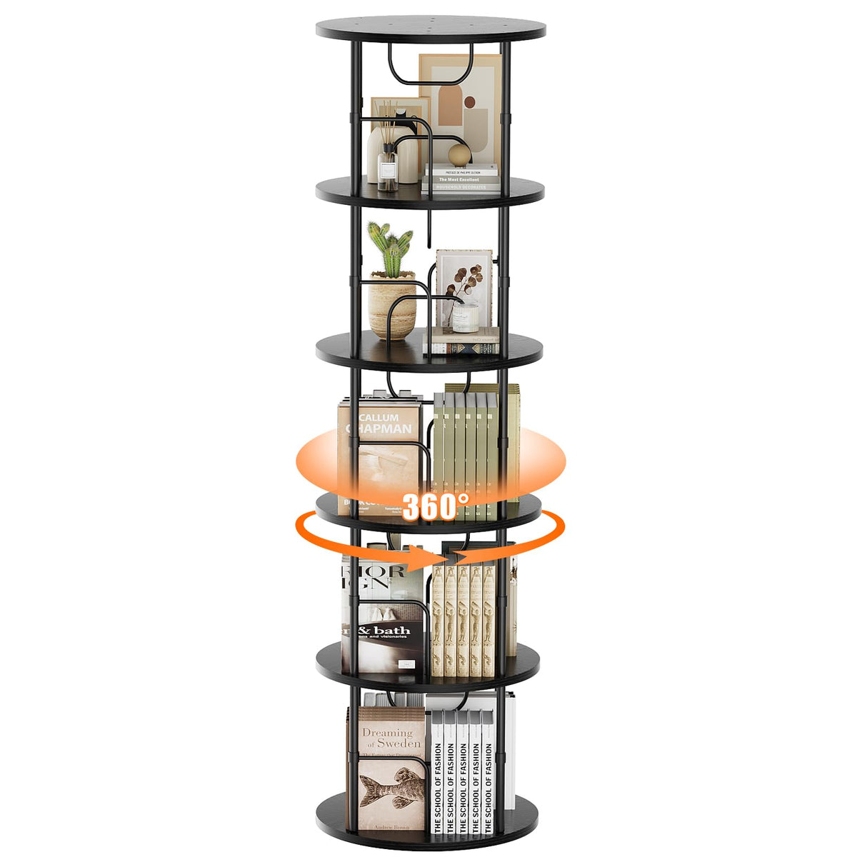 ALLSTAND 5-Tier 360° Rotating Black Bookshelf – Space-Saving Swivel Tower for Home Storage ALLSTAND