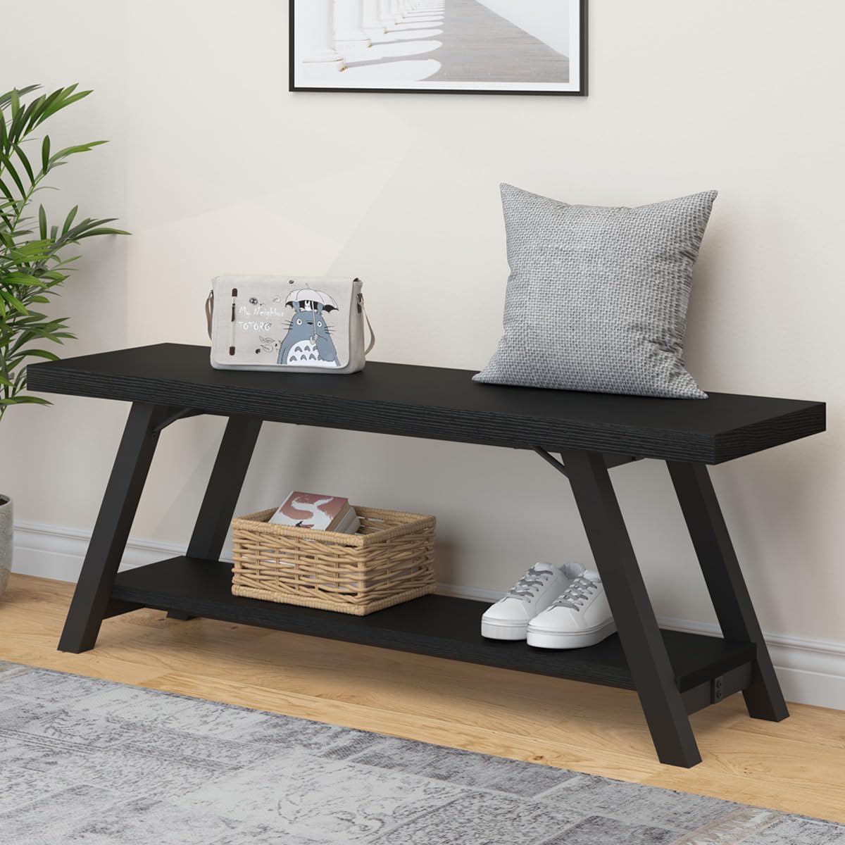 LVB Black Bench, Modern Storage Bench for Bedroom, Wood Metal Entryway Bench for Hallway Dining Living Room, Famrhouse Shoe Rack Indoor Accent Seating Bench for Foyer Entrance, Black Oak, 47 Inch Long LVB