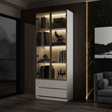 FUNISIR Curio Display Cabinet with Light, Storage Shelves with Pop-up Glass Doors, 2 Drawers & 3 Color Light, Collectibles Cabinet Display Shelf, Bookshelf Showcase for Living Room, White w/Drawer FUNISIR