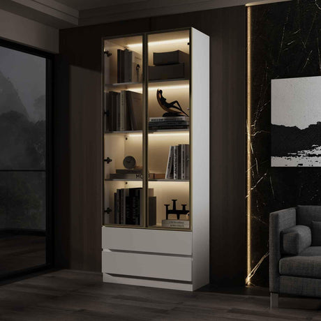 FUNISIR Curio Display Cabinet with Light, Storage Shelves with Pop-up Glass Doors, 2 Drawers & 3 Color Light, Collectibles Cabinet Display Shelf, Bookshelf Showcase for Living Room, White w/Drawer FUNISIR