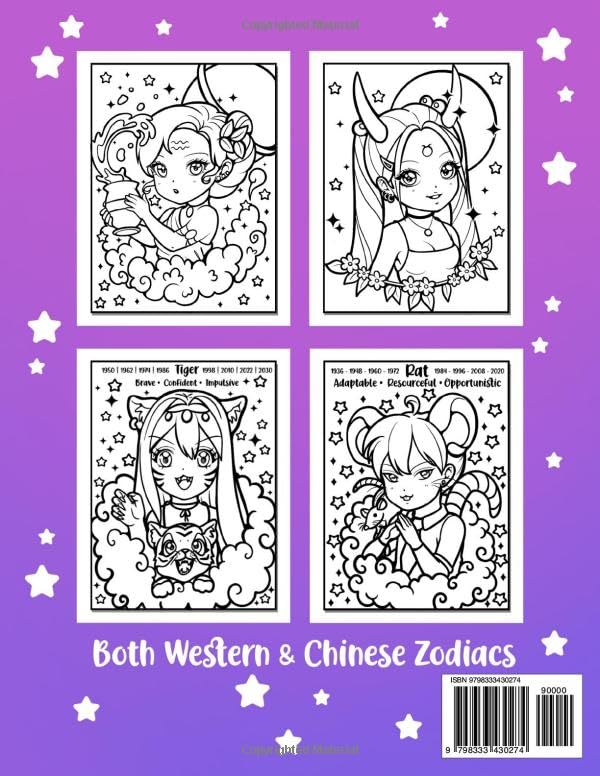 Zodiac Chibis Coloring Book: Western astrology & Chinese zodiac sign kawaii chibi characters coloring pages Majosta