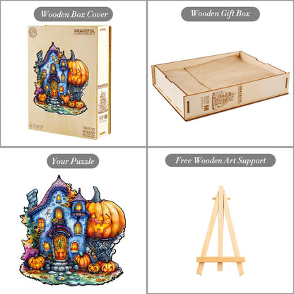 Wooden Puzzles for Adults, Halloween Pumpkin House Wooden Puzzles, Unique Shape Wood Puzzles Adults with Wood Box, Halloween Puzzles Gift for Friends Family Kids(S-8.5"x8.1" 100pcs)