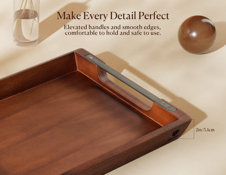 Dofira Acacia Wood Serving Tray with Metal Handles, 17x13in Food Drinks Tray for Coffee Table, Breakfast, Dinner & Bar, Rustic Decorative Storage Tray for Ottoman, Kitchen, Bedroom (Gift Packaging) Dofira