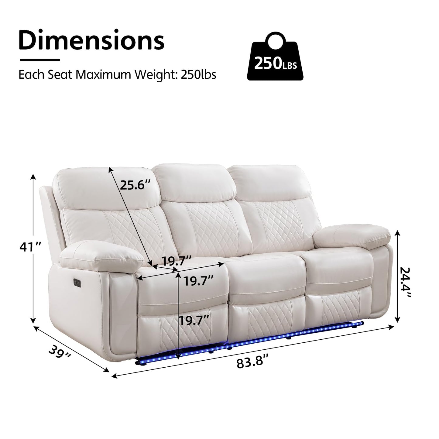 Power Reclining Sofa Couch with Wireless Charger, 3 Seaters with Recliner, Faux Leather Electric 3 Seat Sofa Sectional Set with LED light for living room,Home Theater Seating With Drop-Off Table,White