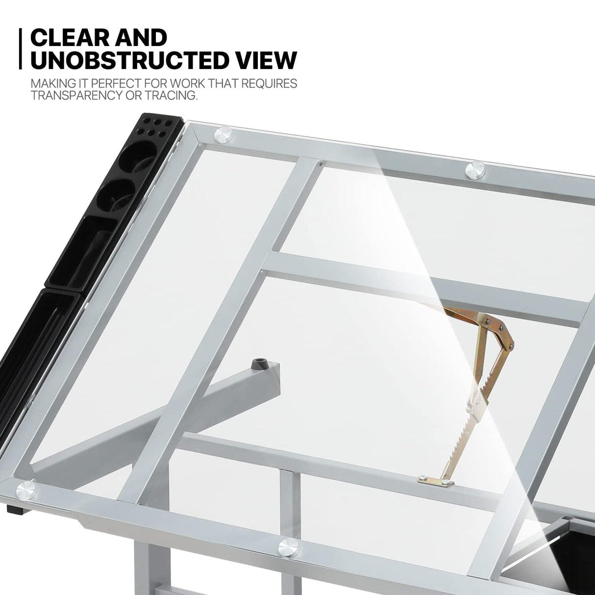 MoNiBloom Drafting Table on Wheels with Storage & Side Tray - Adjustable 0-65° Glass Tabletop, Replaceable Feet Art Desk MoNiBloom