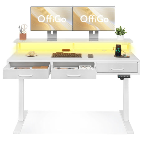 OffiGo Electric Standing Desk with Drawers, 55 Inch Height Adjustable Desk with Power Outlets & LED Lights, Sit Stand Table with Monitor Stand for Home, Office, Workstation, White OffiGo