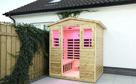 Kanlanth Outdoor Infrared Sauna with Red Light Therapy, 4 Person 2050watt Canadian Hemlock Wood Personal Sauna Room for Indoor Home, with Blue-Tooth, 4 Chromo Therapy Lighting, Control, Cup Holder Kanlanth