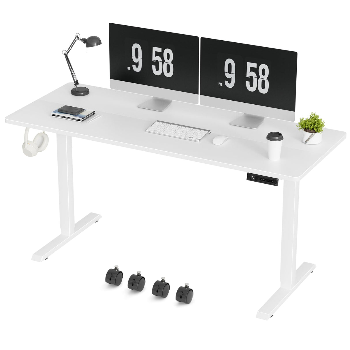Furmax Electric Standing Desk, 59 x 24 Inches Height Adjustable Desk with Wheels, Home Office Computer Desk with Management Box (White) Furmax