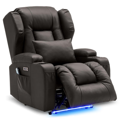 DRMBOOK Power Recliner Chair, Electric Wall Hugger Reclining Sofa with Massage & Heat, Overstuffed Modern Theater Seating with LED/USB Port/Cup Holders for Living Room (Leather Brown, 1 Chair)