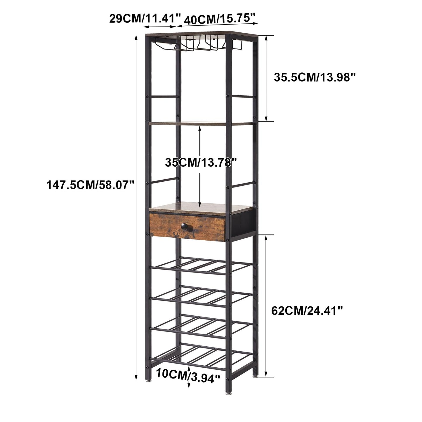 IBUYKE Wine Rack Freestanding Floor, Bar Cabinet for Liquor and Glasses,4-Tier Wood Coffee Bar Cabinet,Glass Holder and Storage Drawer for Home Bar Kitchen Living Room,Rustic Brown UTMJ905H