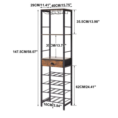 IBUYKE Wine Rack Freestanding Floor, Bar Cabinet for Liquor and Glasses,4-Tier Wood Coffee Bar Cabinet,Glass Holder and Storage Drawer for Home Bar Kitchen Living Room,Rustic Brown UTMJ905H