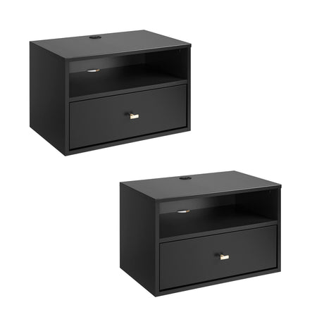 Prepac Floating Shelf Side Table with Drawer and Brushed Brass Knobs, Modern Floating Nightstand 15" D x 22.5" W x 14.5" H, Black, BRBW-1402-2M Prepac