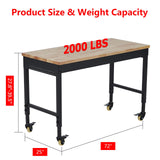 EuKer Workbench 72x25 Inch, Adjustable Height Worktable for Garage, Rubber Wood Top & Cold-Rolled Steel Table Workbench, Heavy Duty Workstation with Power Outlets & Wheels, 2000 Lbs Load Capacity Euker