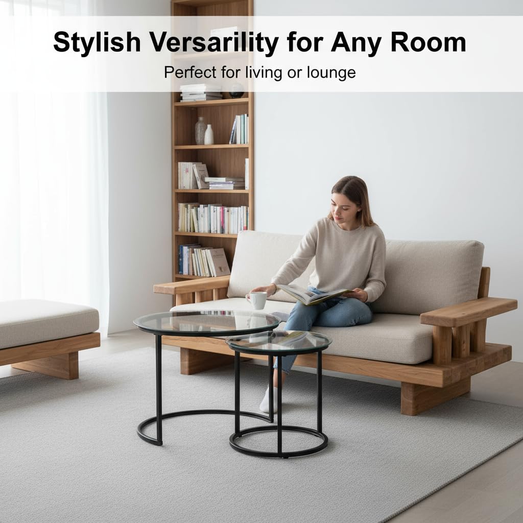 Round Nesting Coffee Table Set of 2, Modern Glass Nesting Tables, Stacking Minimalist End Table for Living Room Bedroom Small Space, Clear Tempered Glass and Black Cuizehua