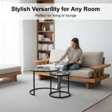 Round Nesting Coffee Table Set of 2, Modern Glass Nesting Tables, Stacking Minimalist End Table for Living Room Bedroom Small Space, Clear Tempered Glass and Black Cuizehua