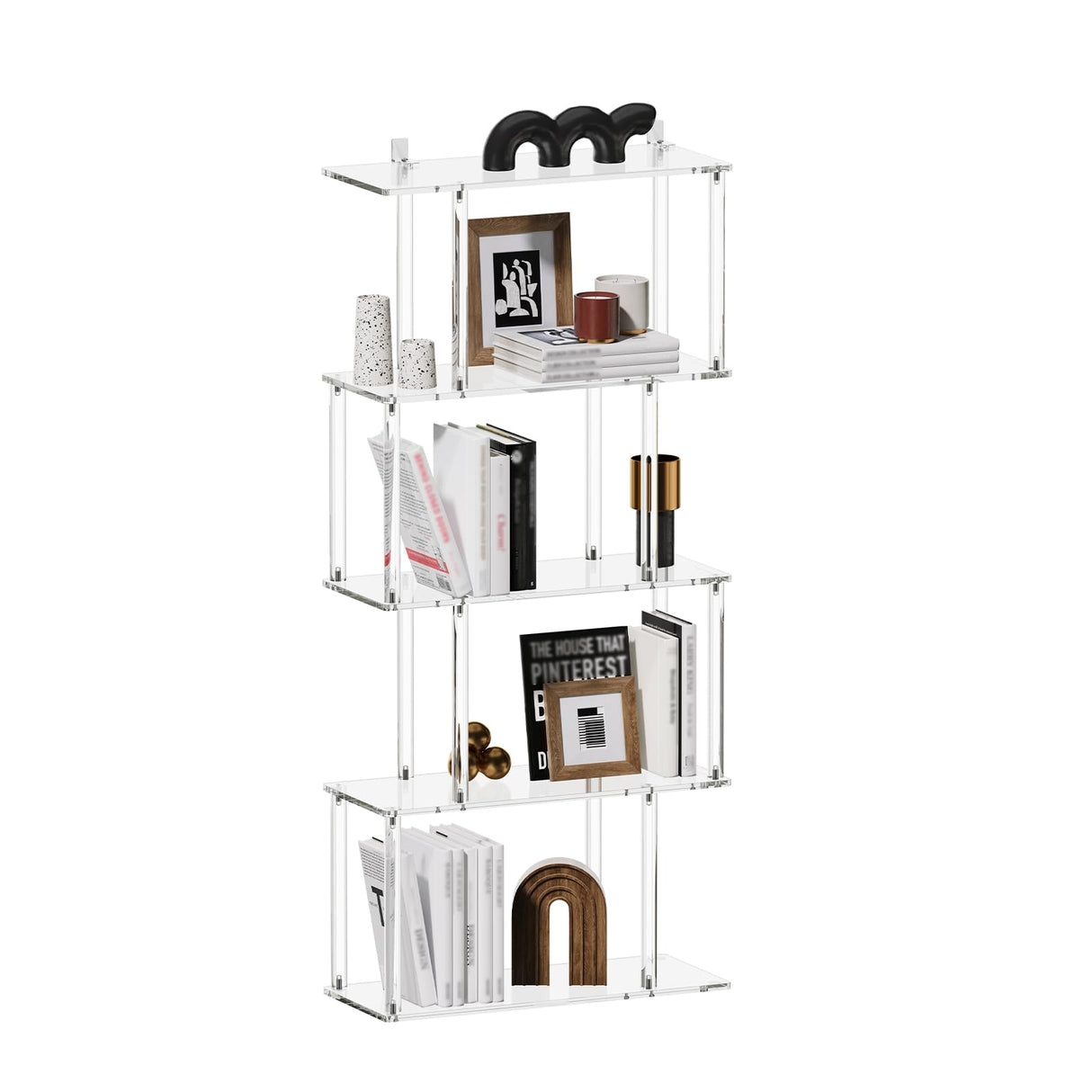 CRTERICX Acrylic Geometric Bookshelf, 5-Tier Clear S Shaped Bookcase, Modern, Unique Book Shelf for Living Room, Bedroom, Office, 9.3" D x 22.4" W x 49.2" H, Easy Assembly CRTERICX