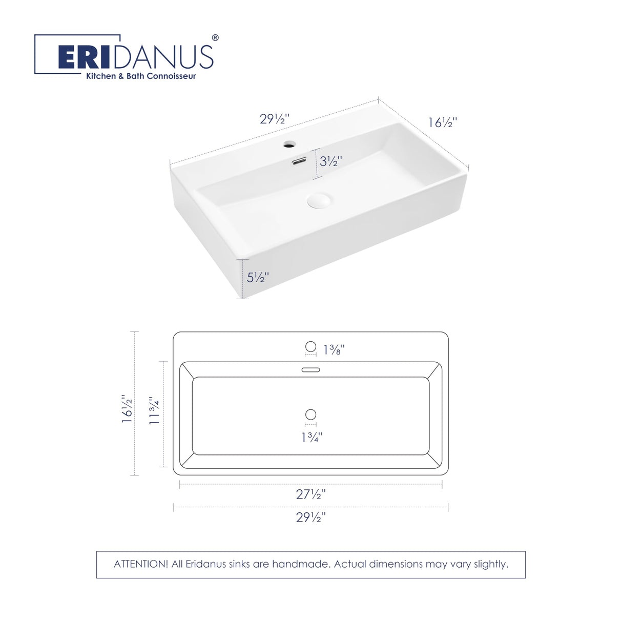Eridanus Bathroom Sink 30" x 16" Rectangular Vessel Sink, Wall Mount Above Counter Vanity Sink, Premium Ceramic White Art Basin with Overflow, Lavatory Trough Floating Washbasin Eridanus