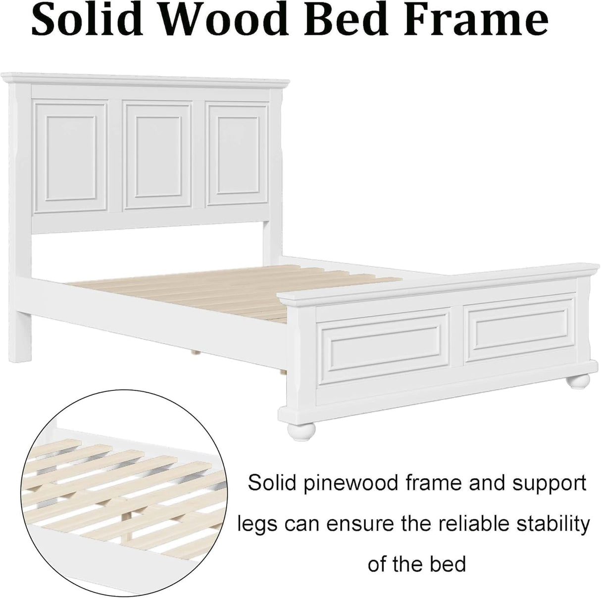 MERITLINE Vintage Farmhouse Bed Frame Queen,Solid Wood Mid Century Modern Rustic Bed Frame with Headboard and Footboard,No Box Spring Needed (White,Queen) MERITLINE