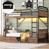 NeoTechEra Twin XL Bunk Bed for Teens - Metal Detachable Bunk Bed with LED Light, USB Charger, 2 Large Drawers, Convertible to 2 Twin XL Beds, Ideal for Small Rooms NeoTechEra