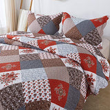 Travan Floral Printed Quilt Sets 3-Piece Super Soft Lightweight Queen Size Bedspread with Shams Reversible Quilted Bedding Set, Red, Queen Travan