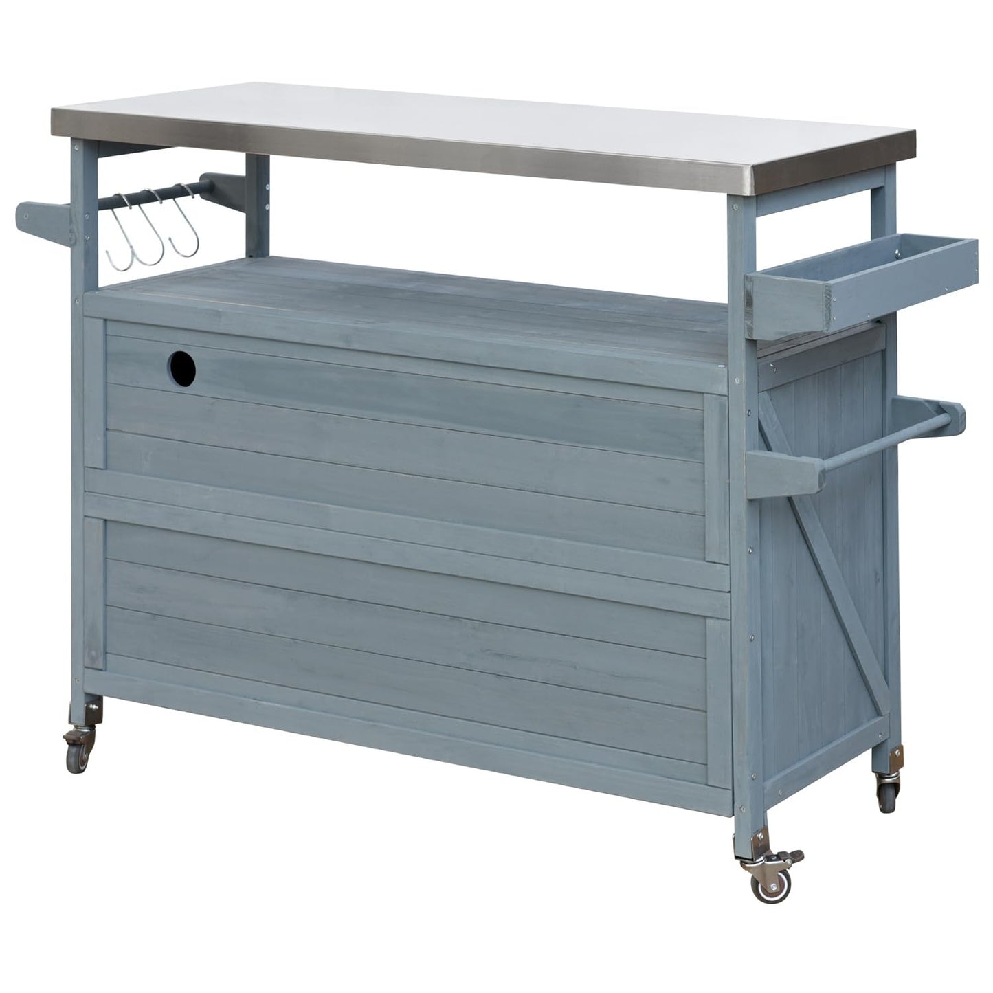 Linique Outdoor Kitchen Island, Rolling Bar Cart with Storage Cabinet, Farmhouse Solid Wood Outdoor Grill Table with Stainless Steel Top, Spice Rack, Towel Rack for Yard, Patio, Grey Blue